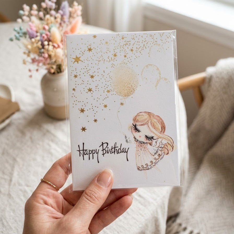 Happy Birthday Golden Balloon Girl Greeting Card