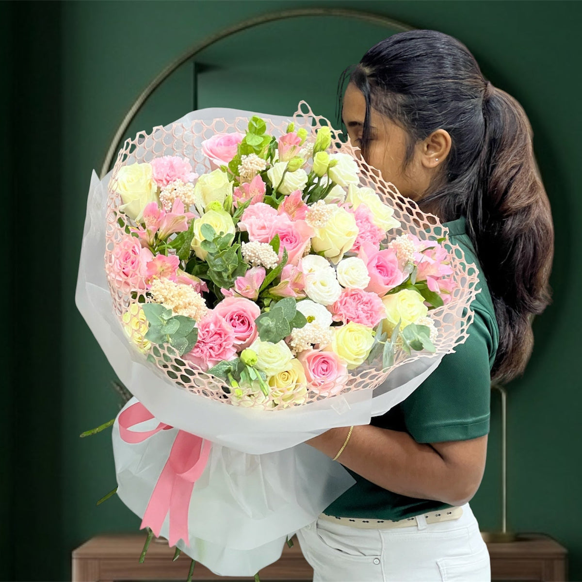 Blushing Pink Alstroemeria And White Rose Garden Bouquet