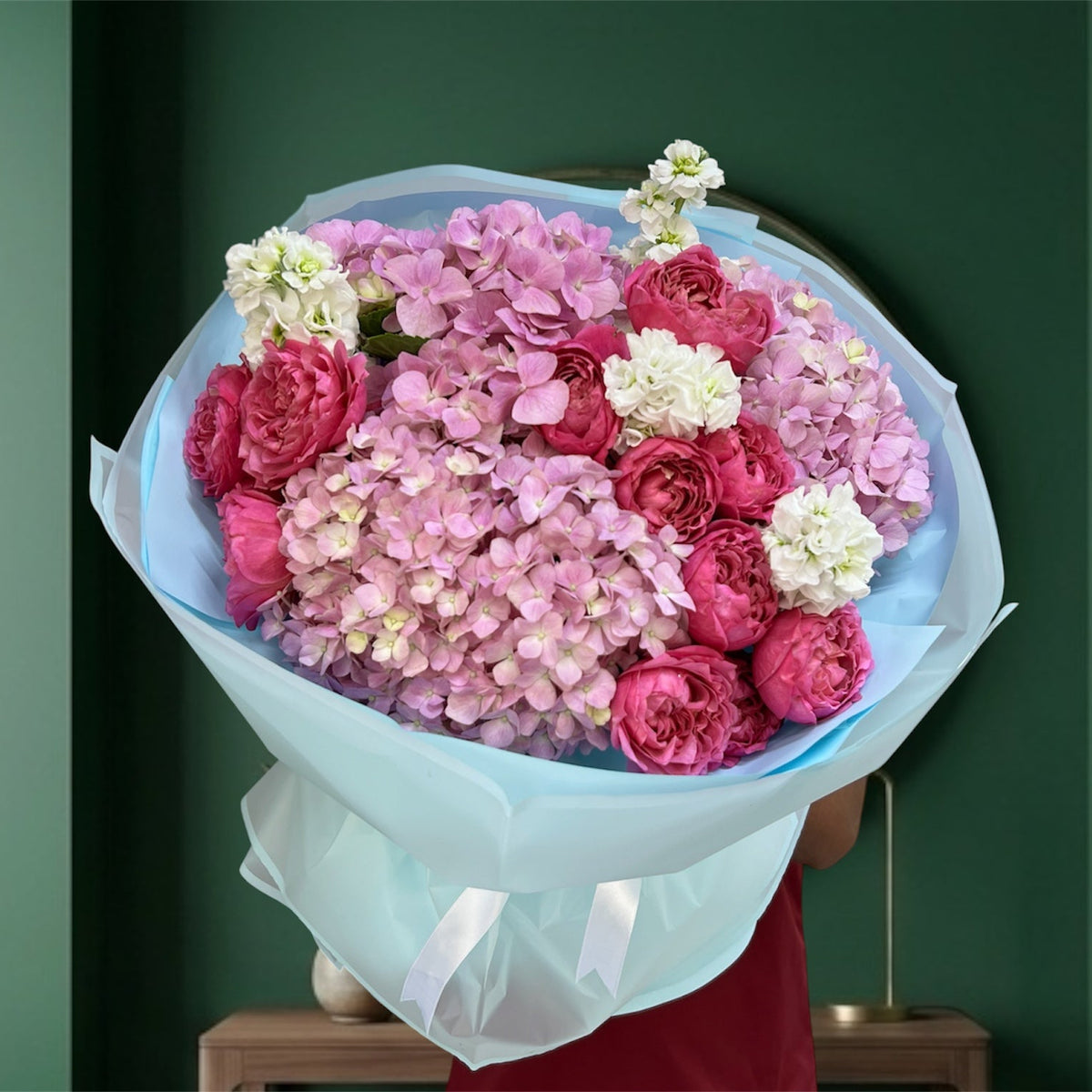 Enchanting Pink Hydrangea And Julietta Spray Rose Garden Bouquet
