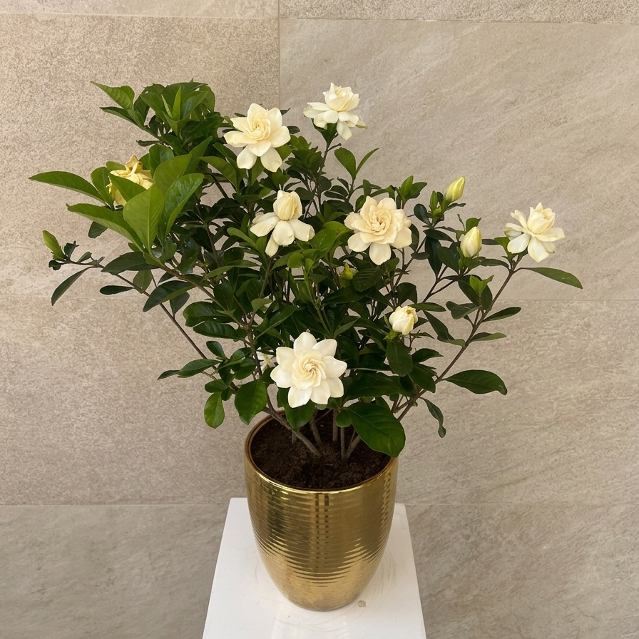 Gardenia Jasminoides in Golden Ceramic Pot