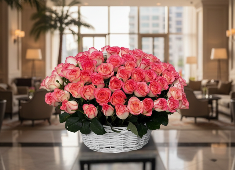 Majestic Blush: 101 Double-Shaded Roses Basket