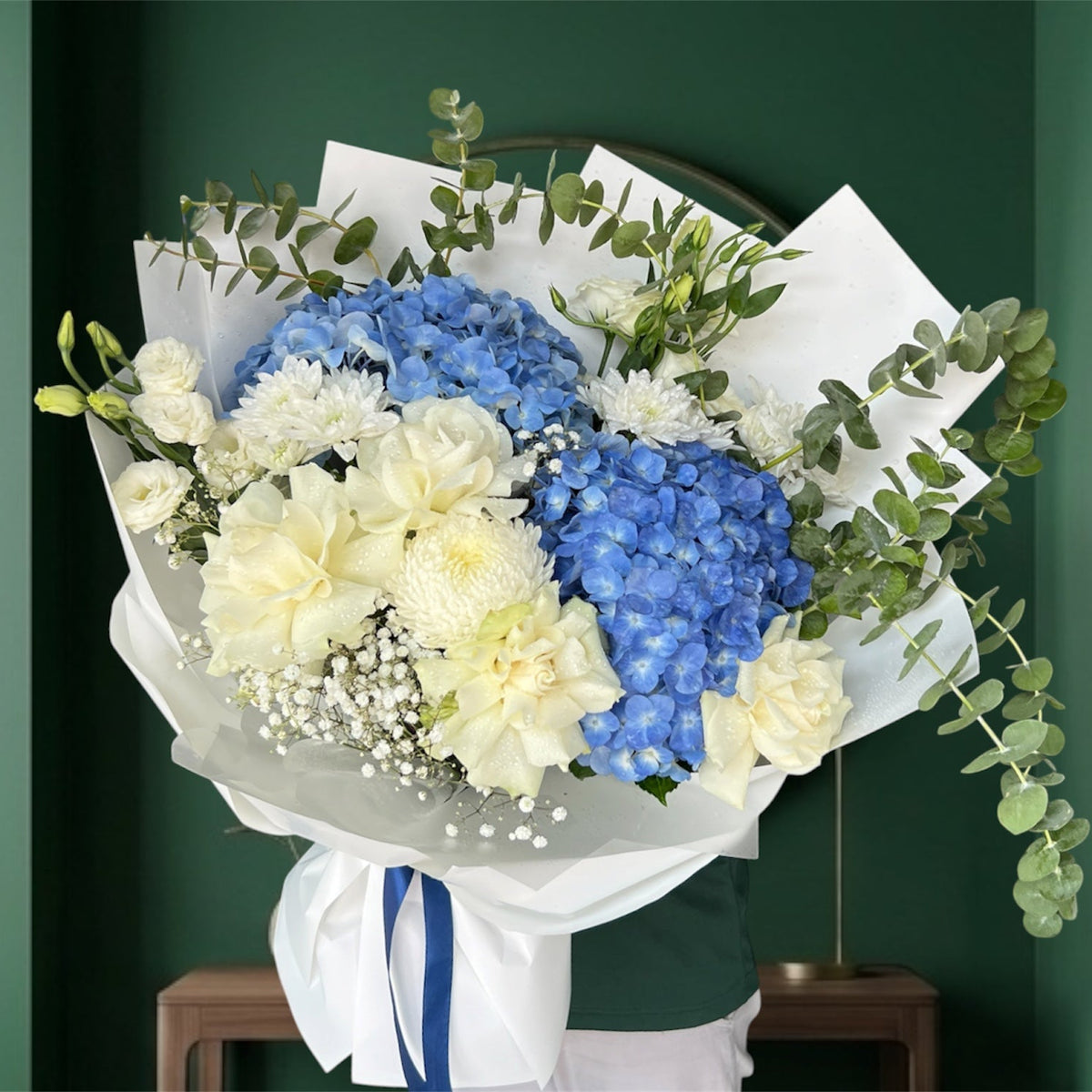 Heavenly Blue Hydrangea And White Rose Garden Bouquet