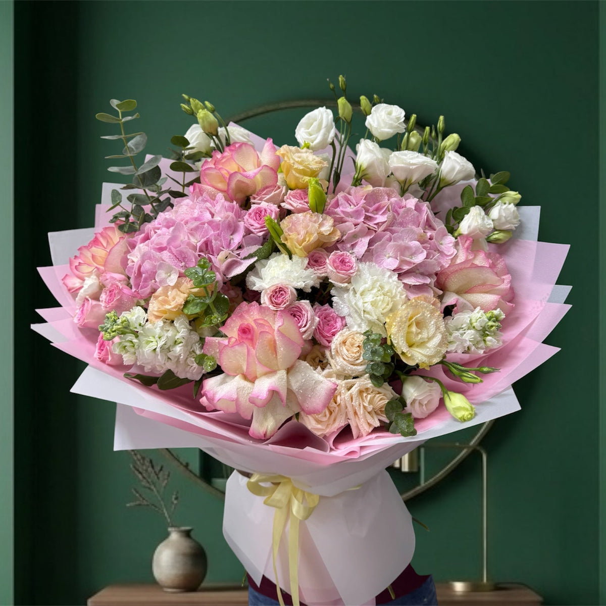 Blushing Pink Hydrangea And Pastel Rose Garden Bouquet