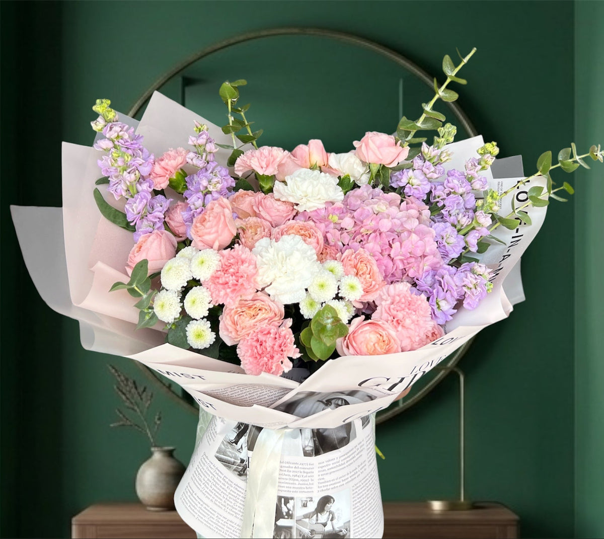Enchanting Pink Hydrangea And Purple Matthiola Garden Bouquet