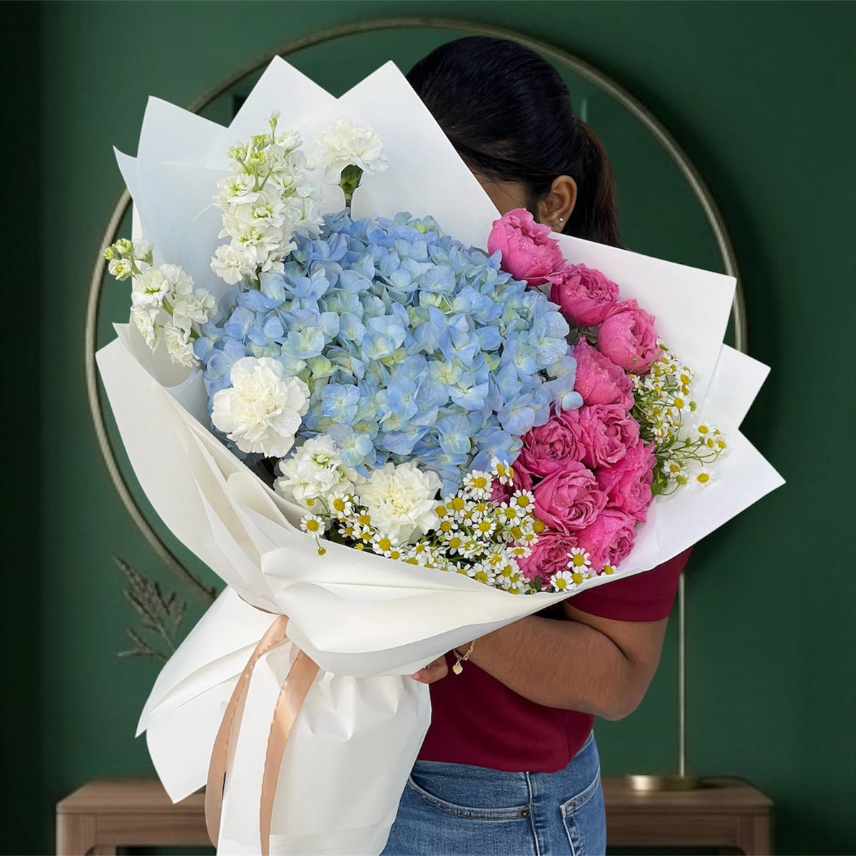 Royal Blue Hydrangea And Julietta Spray Rose Luxury Bouquet