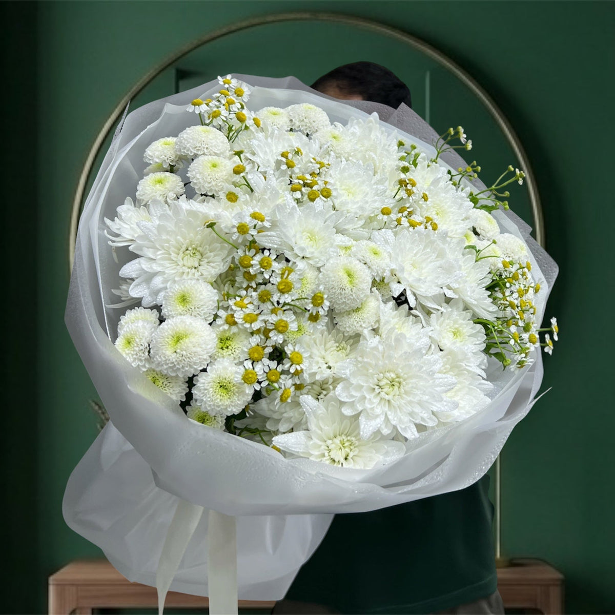 Pure White Chrysanthemum And Tanacetum Garden Bouquet
